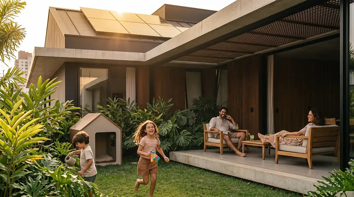 Família aproveitando o quintal de casa, com painéis solares SunnyHUB no telhado